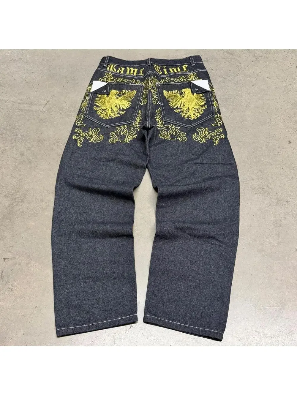 Vintage Y2K Game Time Jeans Mens 30x30 Black Denim Embroidered Skate Grunge